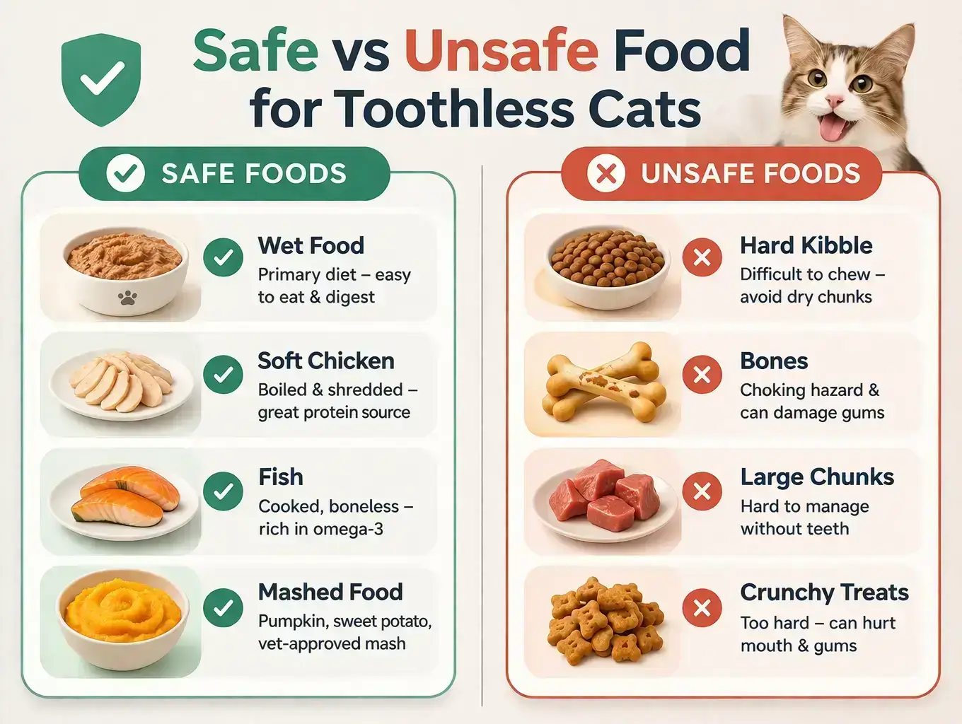 Safe and unsafe food for toothless cats