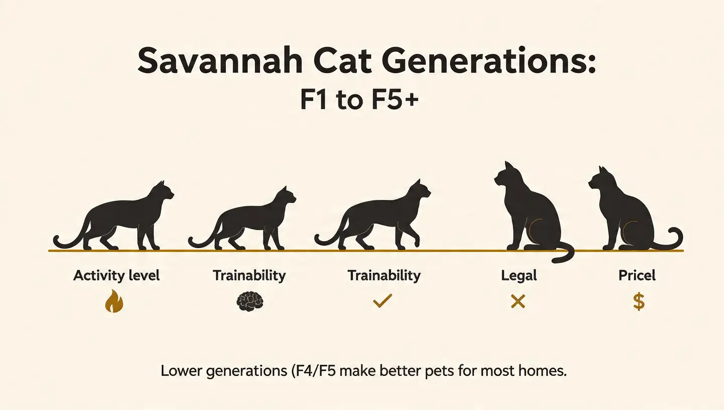 Savannah Cat Generations Comparison (F1 to F5+)